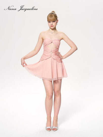 New Strapless Chiffon Dress with Rhinestone Hollow Short Dresses