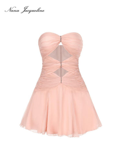 New Strapless Chiffon Dress with Rhinestone Hollow Short Dresses