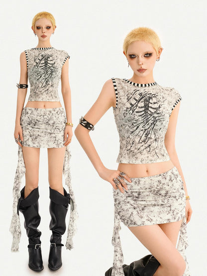 Nico Molly Abstract Ribbon High Waist Hip Skirt Cropped Vest Women&