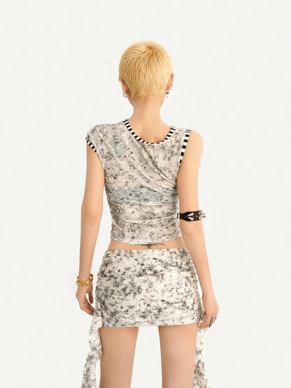 Nico Molly Abstract Ribbon High Waist Hip Skirt Cropped Vest Women&