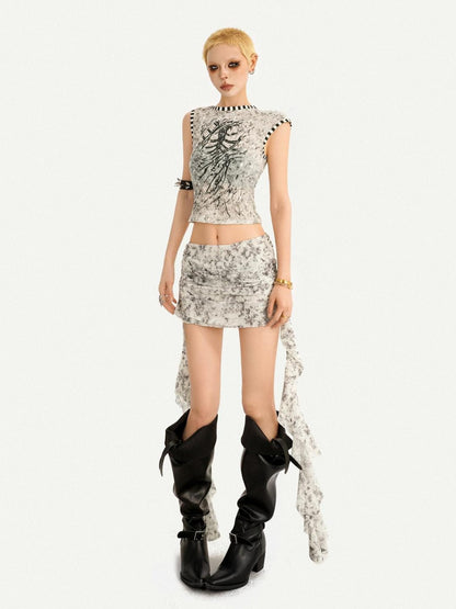 Nico Molly Abstract Ribbon High Waist Hip Skirt Cropped Vest Women&