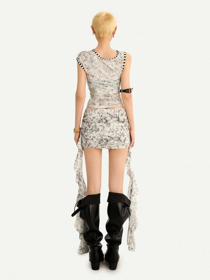Nico Molly Abstract Ribbon High Waist Hip Skirt Cropped Vest Women&