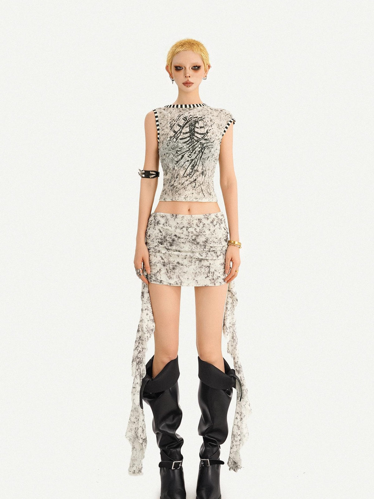 Nico Molly Abstract Ribbon High Waist Hip Skirt Cropped Vest Women&