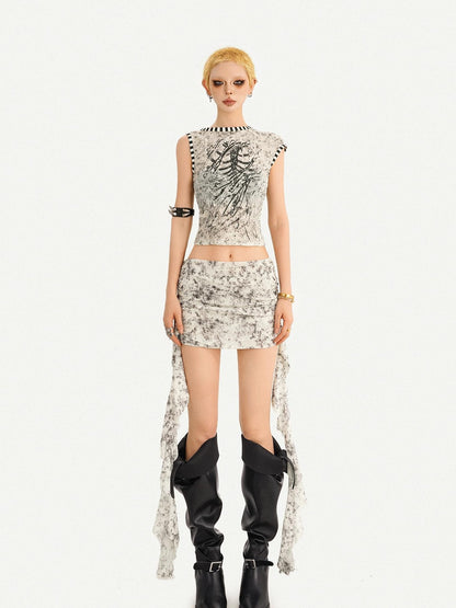 Nico Molly Abstract Ribbon High Waist Hip Skirt Cropped Vest Women&