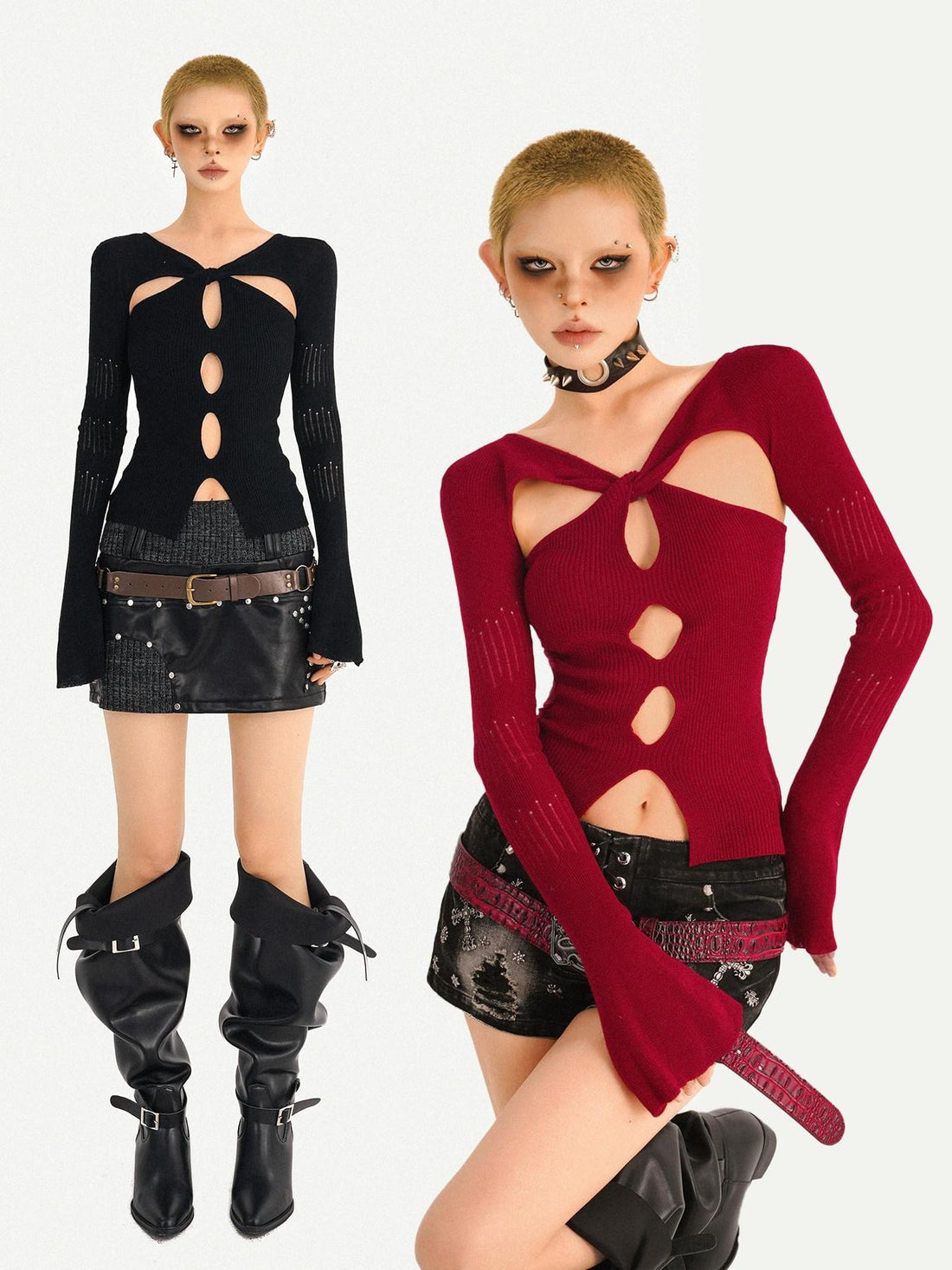 Nico Molly Almond Twist Knot Cutout Long Sleeve Slim Fit Sexy Women&