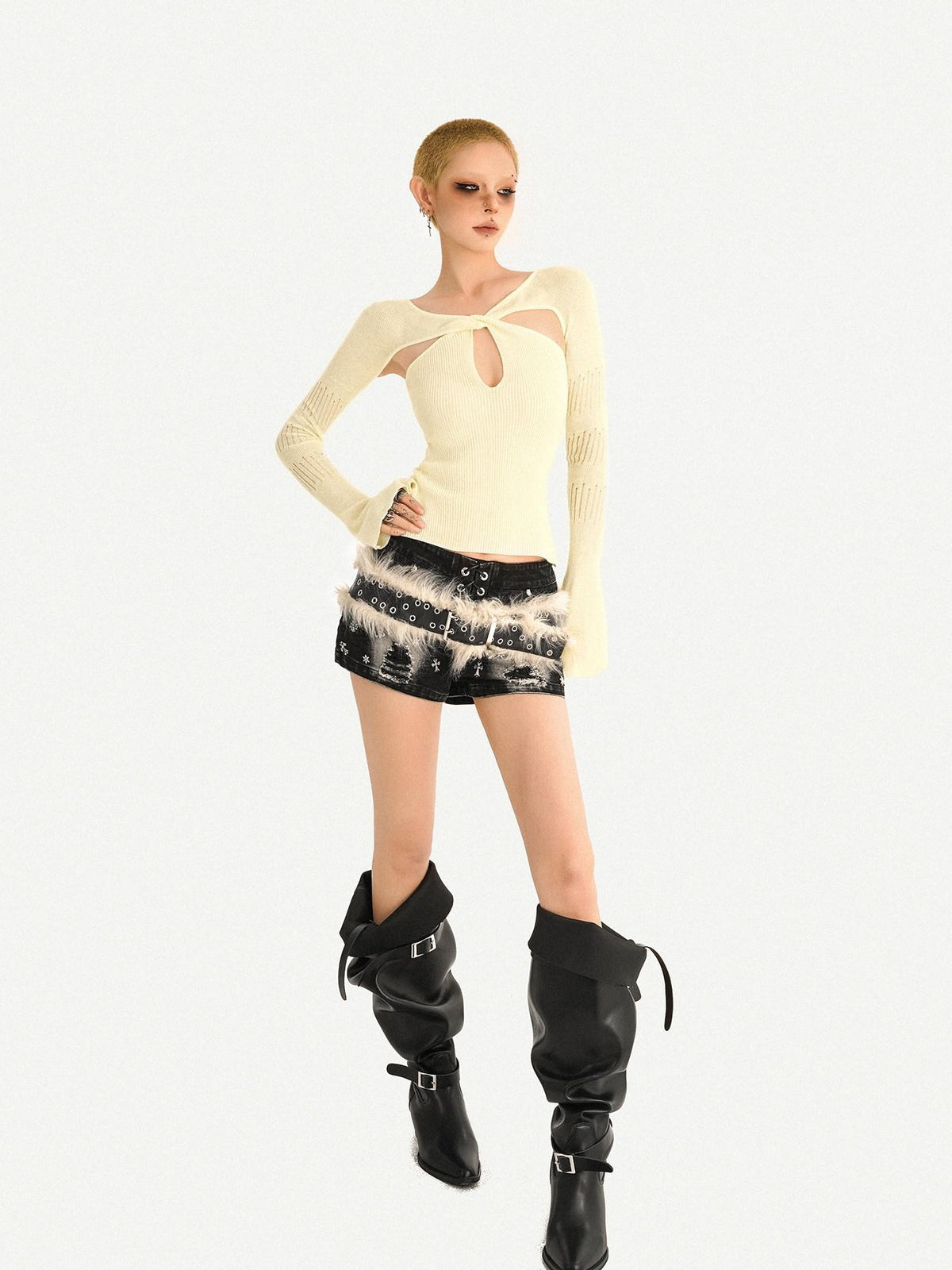 Nico Molly Almond Twist Knot Cutout Long Sleeve Slim Fit Sexy Women&