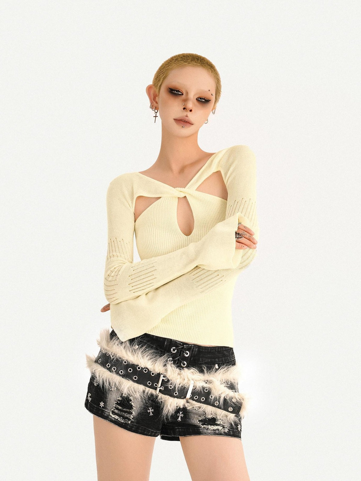 Nico Molly Almond Twist Knot Cutout Long Sleeve Slim Fit Sexy Women&