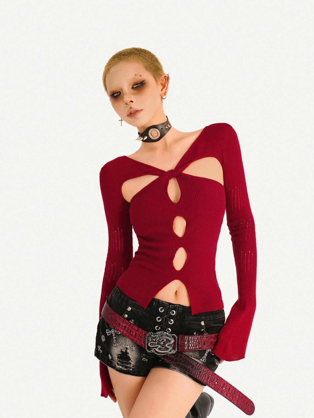 Nico Molly Almond Twist Knot Cutout Long Sleeve Slim Fit Sexy Women&