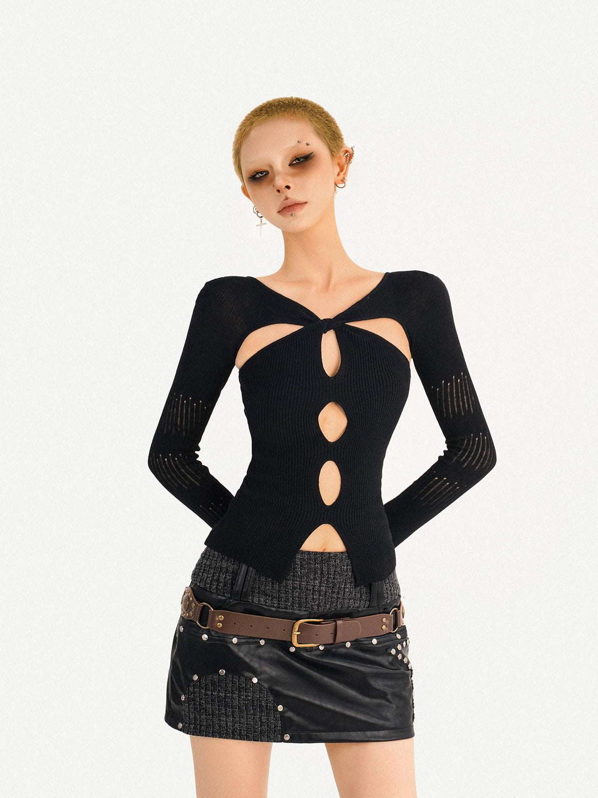Nico Molly Almond Twist Knot Cutout Long Sleeve Slim Fit Sexy Women&