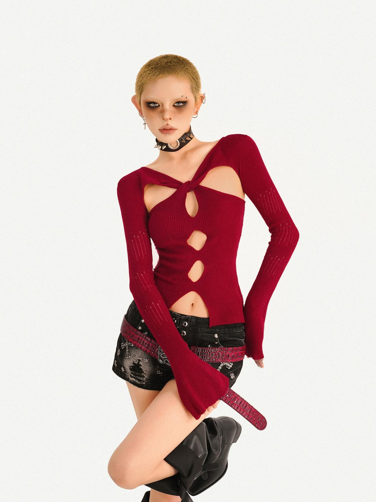 Nico Molly Almond Twist Knot Cutout Long Sleeve Slim Fit Sexy Women&