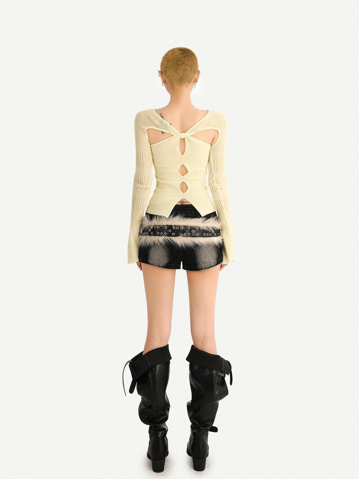 Nico Molly Almond Twist Knot Cutout Long Sleeve Slim Fit Sexy Women&