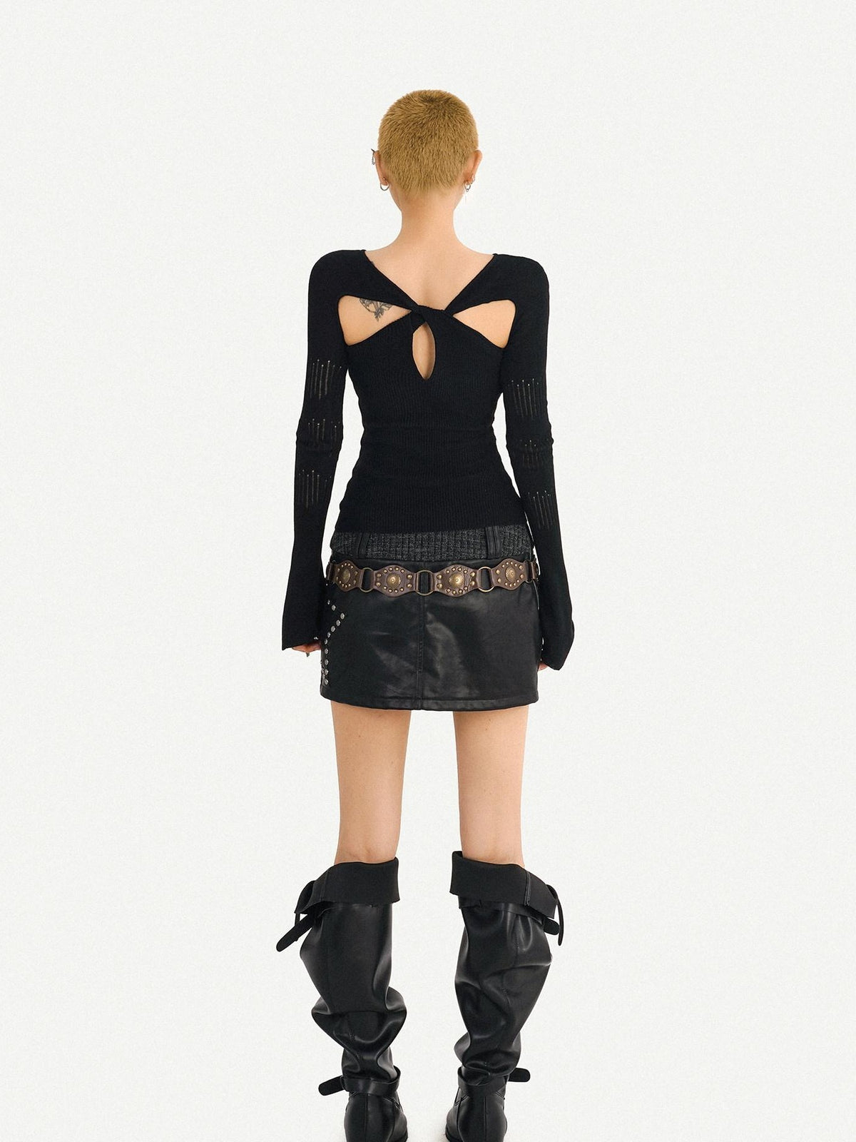 Nico Molly Almond Twist Knot Cutout Long Sleeve Slim Fit Sexy Women&