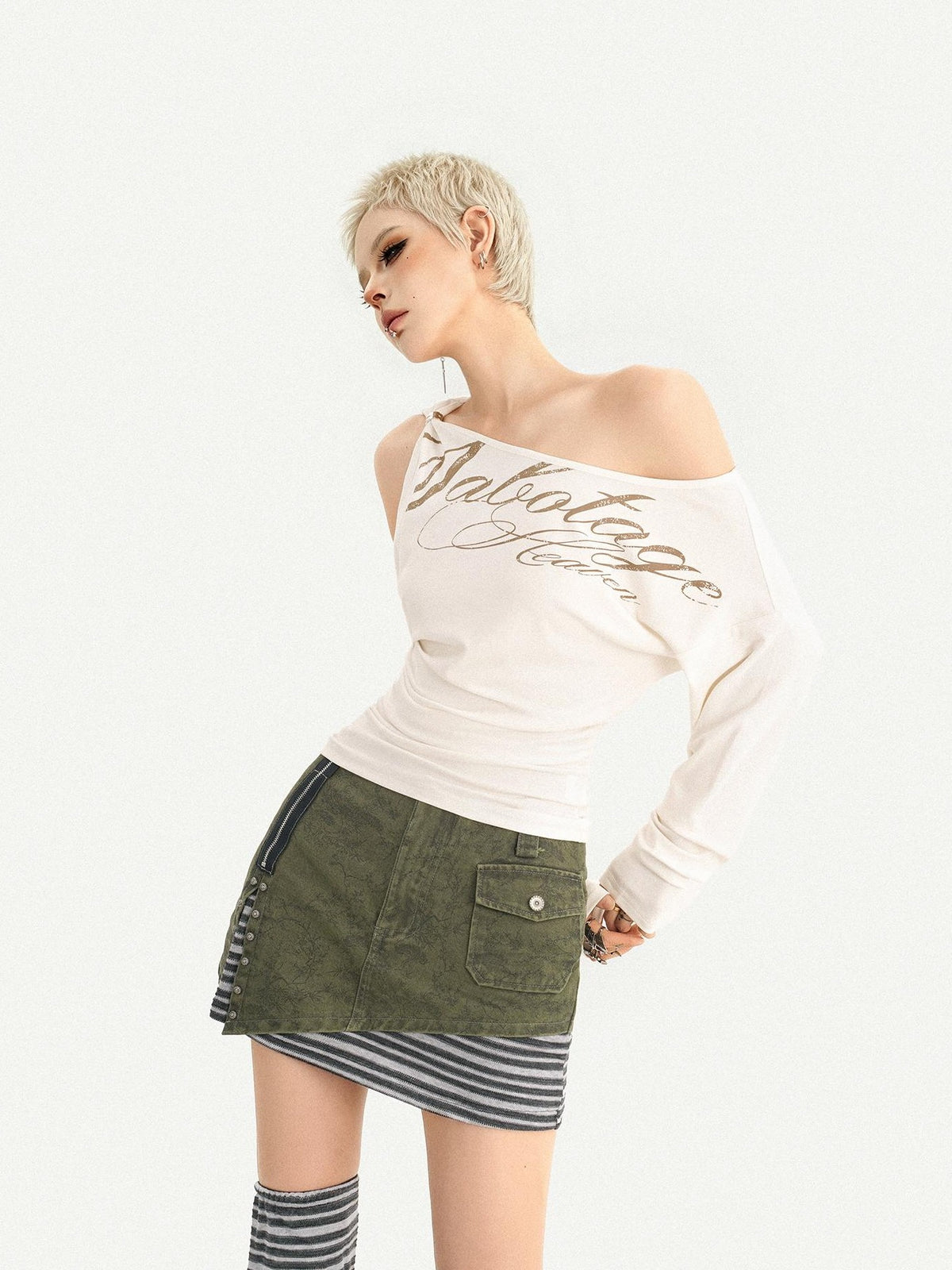 Nico Molly American Cold Shoulder Letter Print Slim Fit Women&