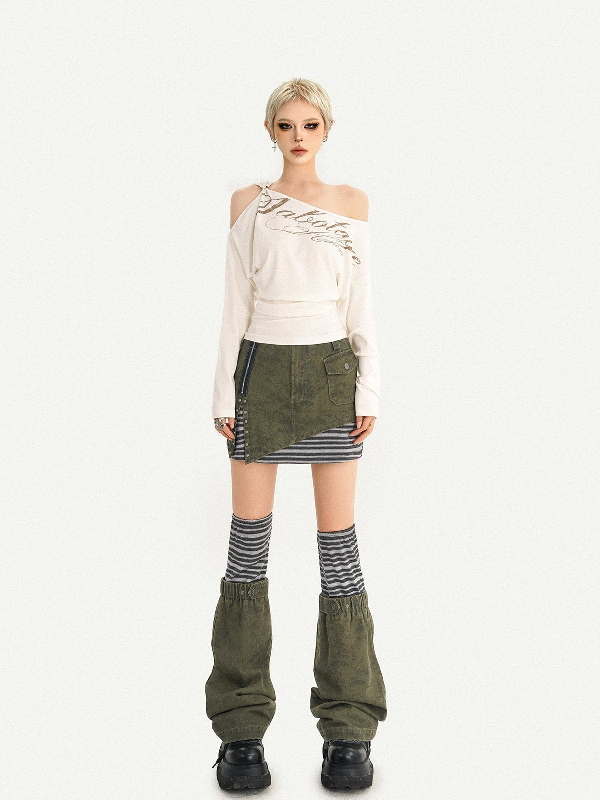 Nico Molly American Cold Shoulder Letter Print Slim Fit Women&