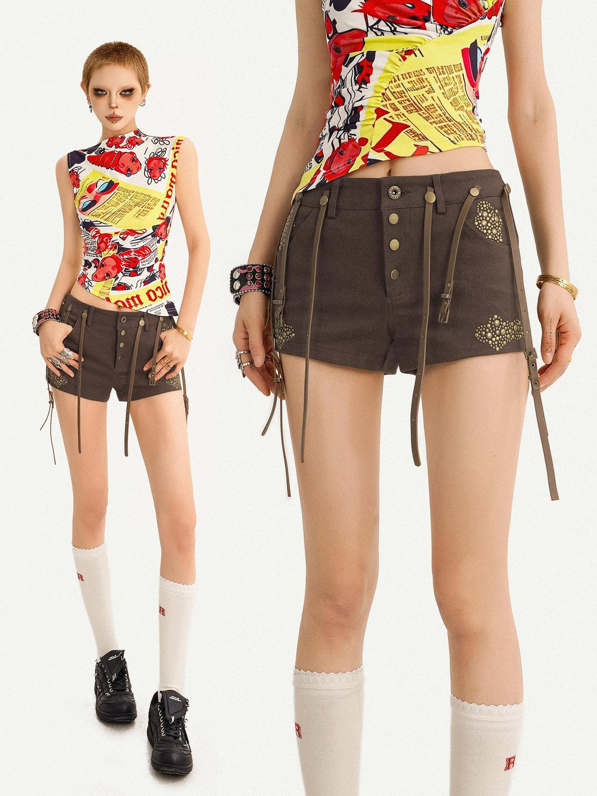 Nico Molly American Retro Low Waist Metal Buckle Lace Up Women&