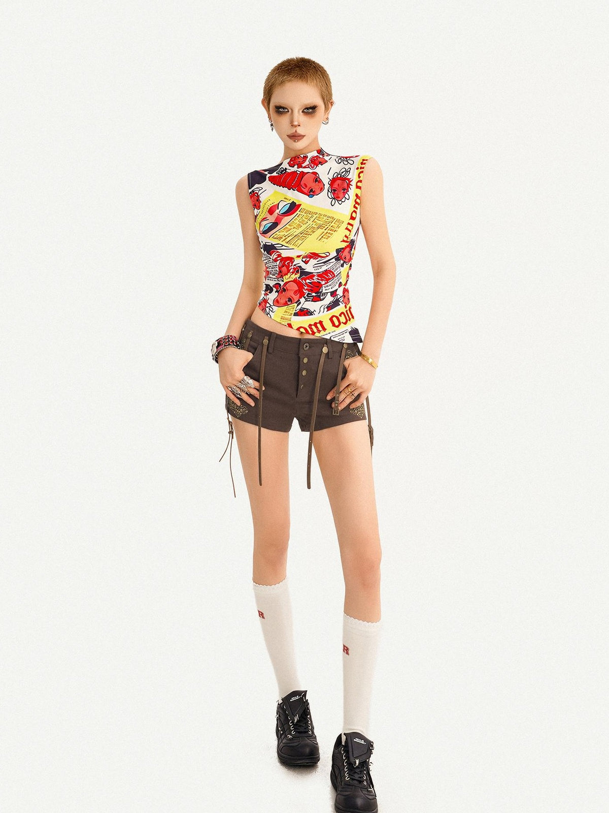 Nico Molly American Retro Low Waist Metal Buckle Lace Up Women&