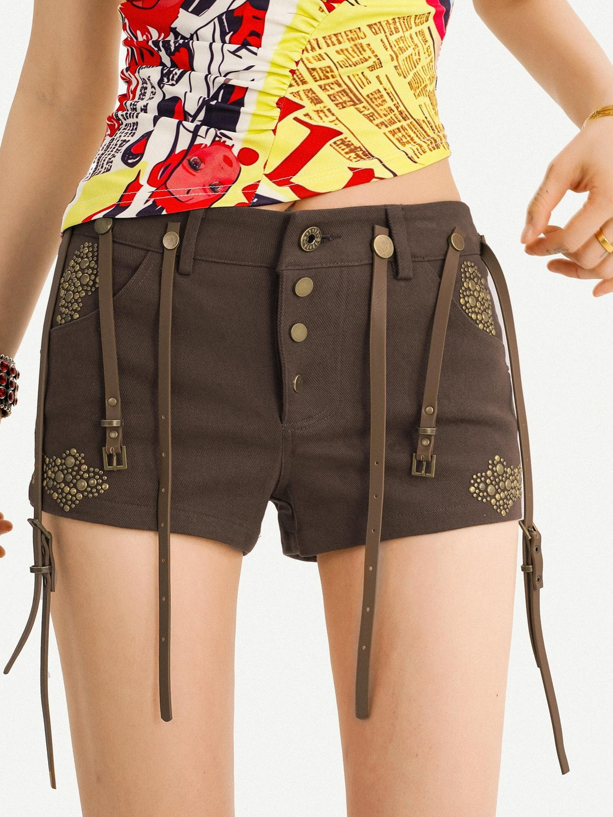Nico Molly American Retro Low Waist Metal Buckle Lace Up Women&