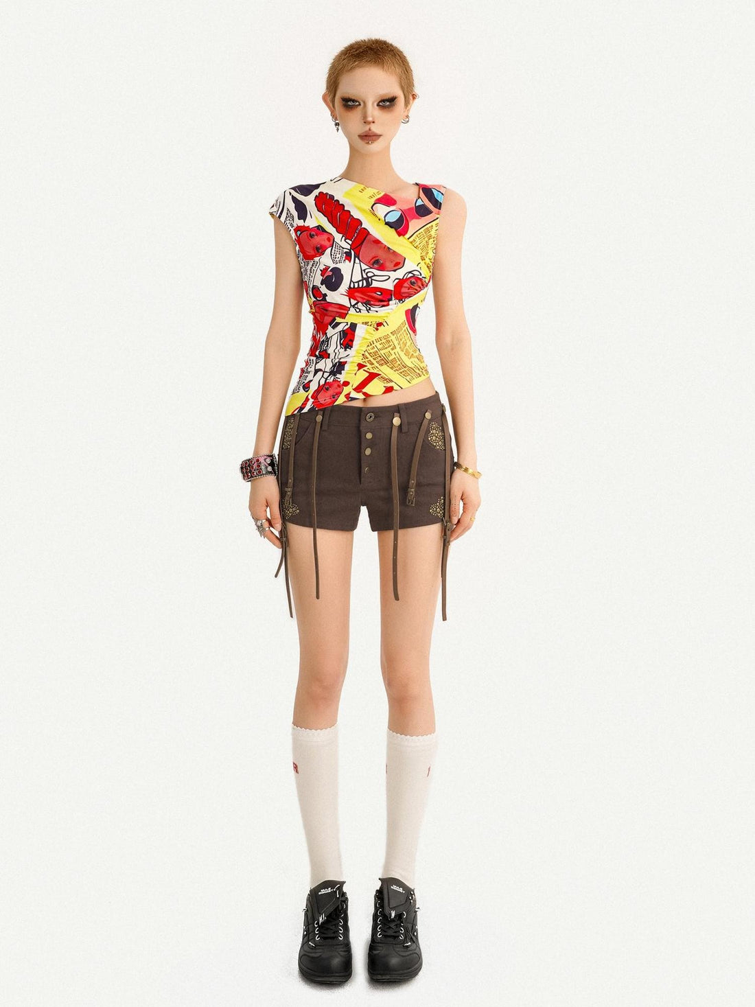 Nico Molly American Retro Low Waist Metal Buckle Lace Up Women&
