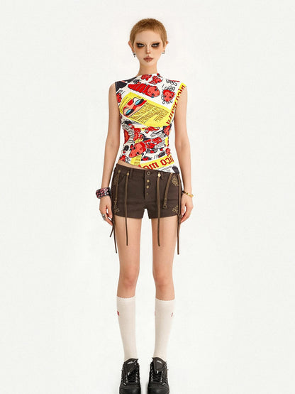 Nico Molly American Retro Low Waist Metal Buckle Lace Up Women&