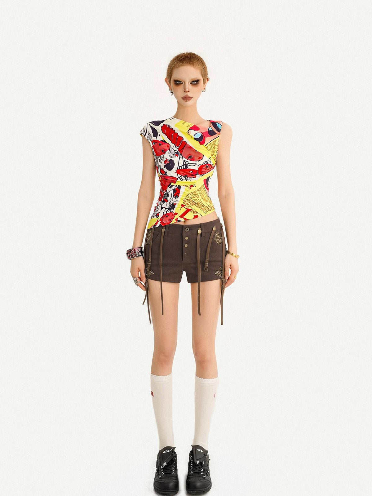 Nico Molly American Retro Low Waist Metal Buckle Lace Up Women&
