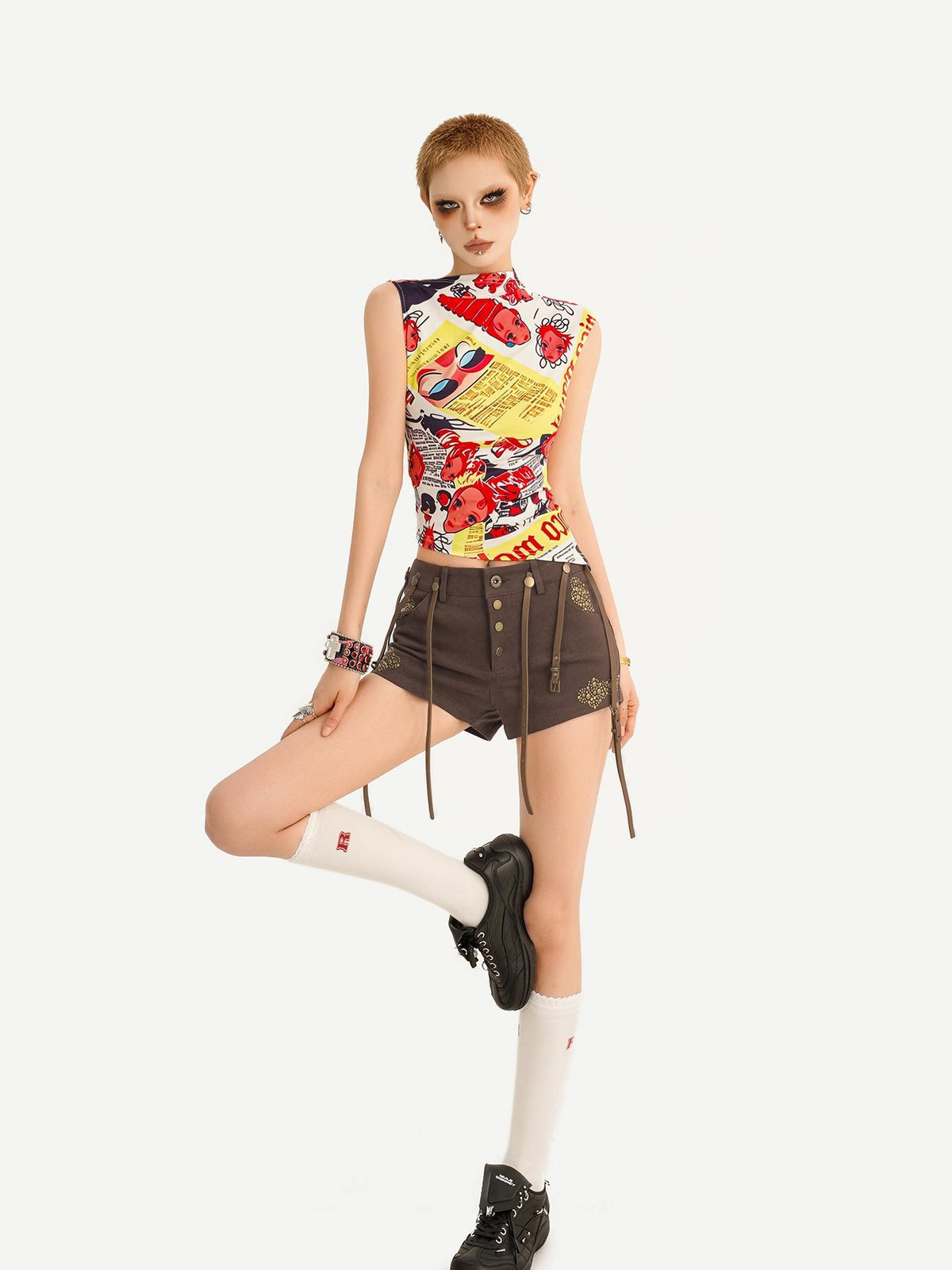 Nico Molly American Retro Low Waist Metal Buckle Lace Up Women&