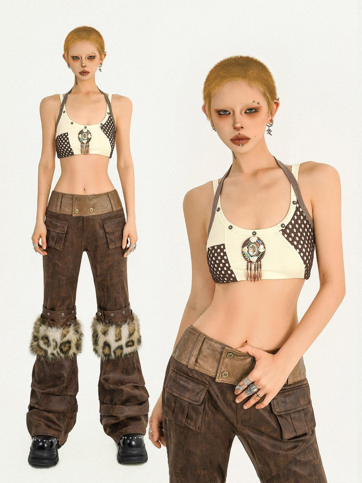 Nico Molly Apricot Colorblock Checked Cropped Halter Backless Women&