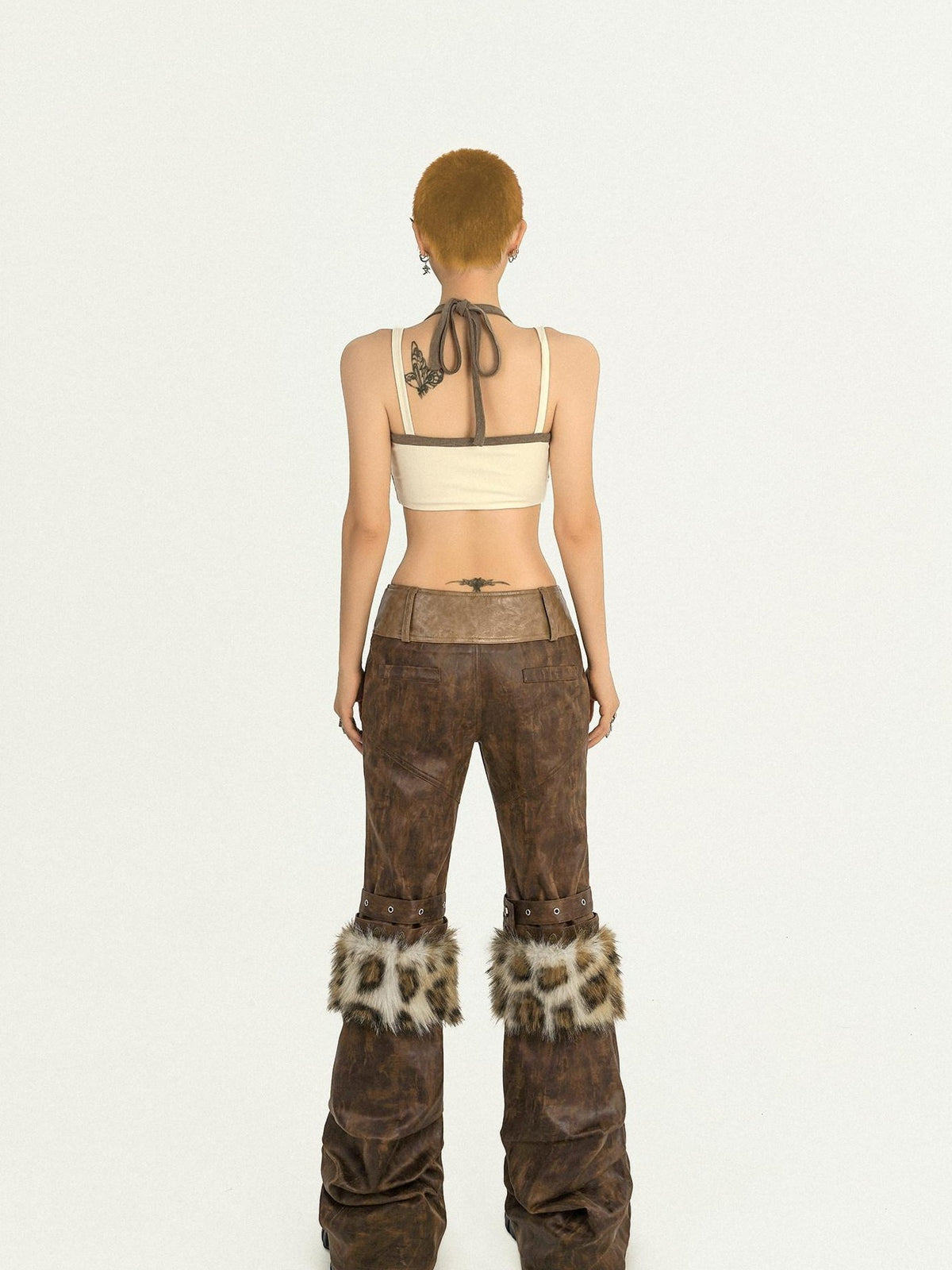 Nico Molly Apricot Colorblock Checked Cropped Halter Backless Women&