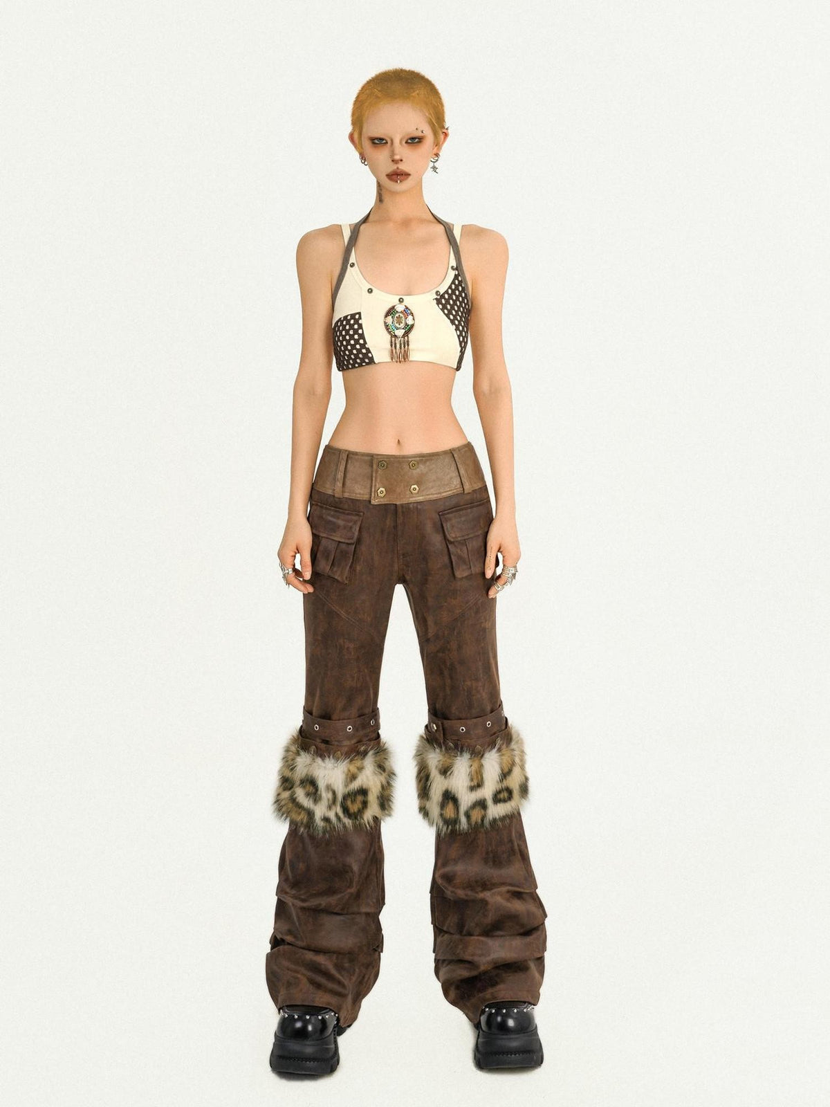 Nico Molly Apricot Colorblock Checked Cropped Halter Backless Women&