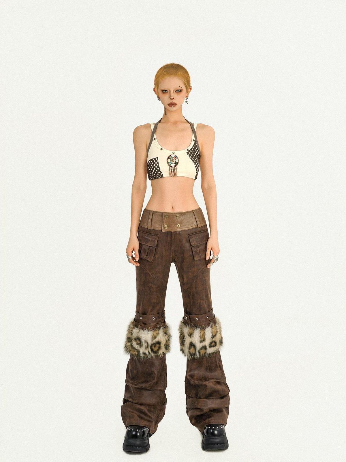 Nico Molly Apricot Colorblock Checked Cropped Halter Backless Women&