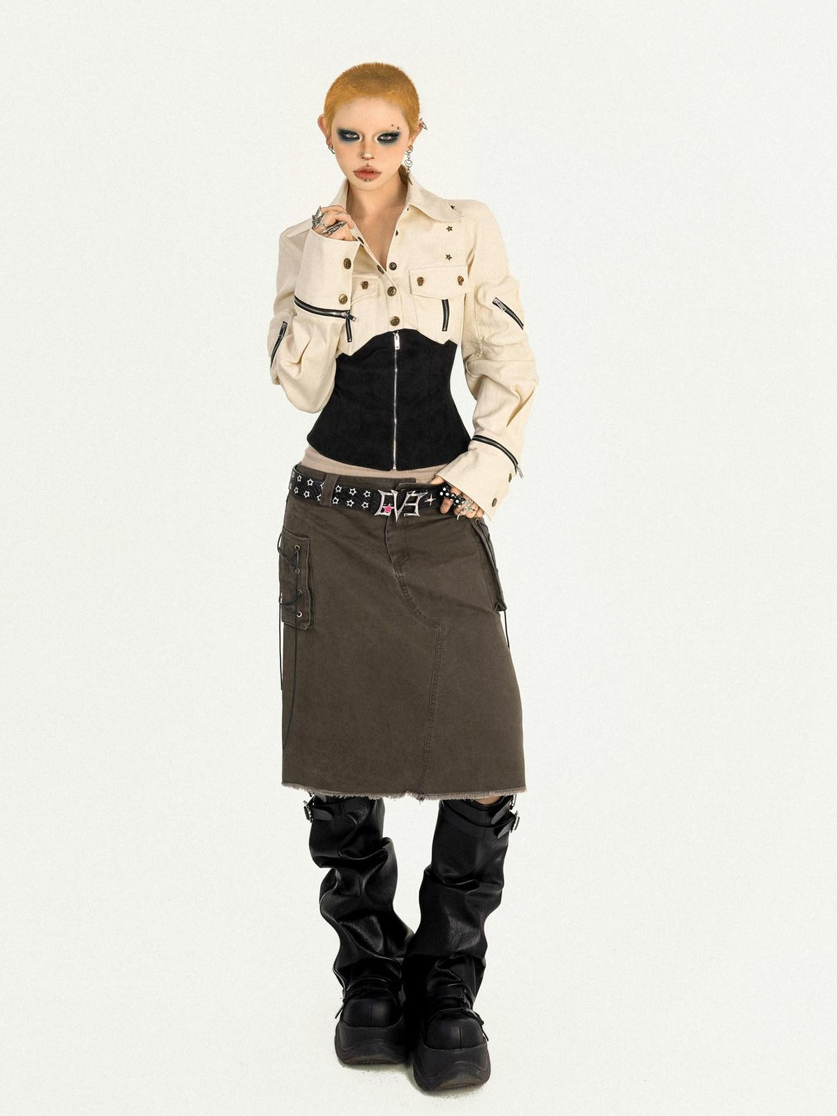 Nico Molly Apricot Patchwork Cinched Waist Workwear Zip Lapel Women&