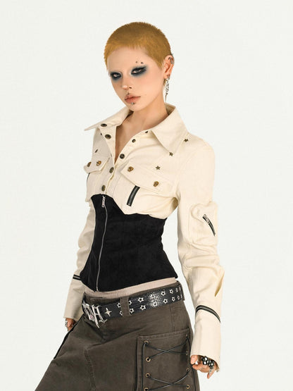 Nico Molly Apricot Patchwork Cinched Waist Workwear Zip Lapel Women&