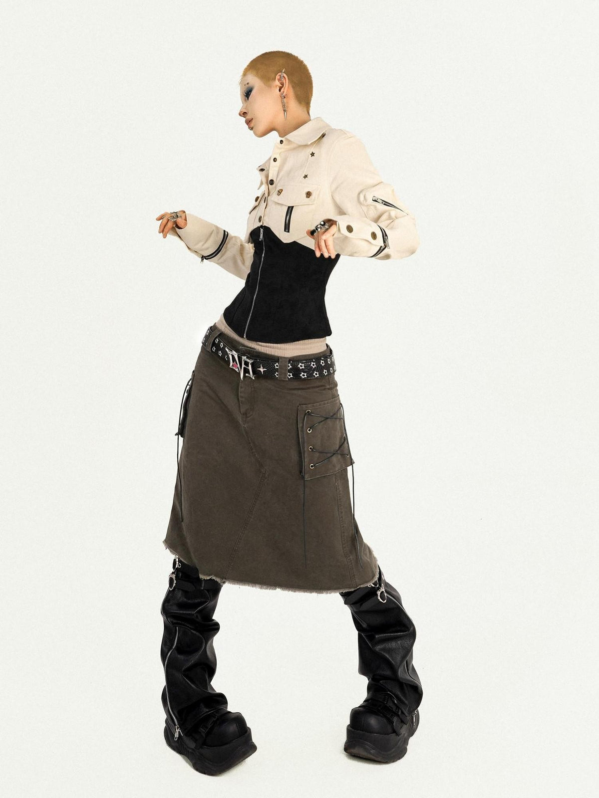 Nico Molly Apricot Patchwork Cinched Waist Workwear Zip Lapel Women&