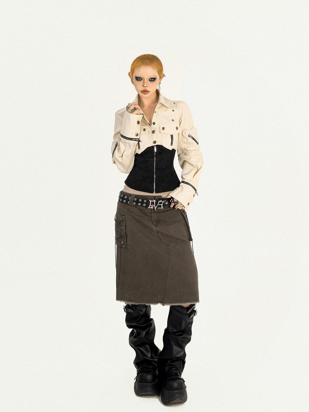 Nico Molly Apricot Patchwork Cinched Waist Workwear Zip Lapel Women&