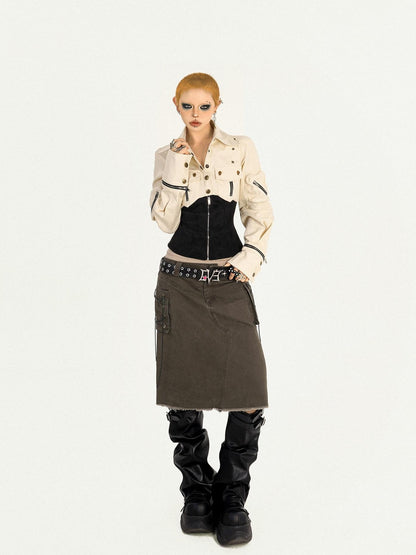 Nico Molly Apricot Patchwork Cinched Waist Workwear Zip Lapel Women&