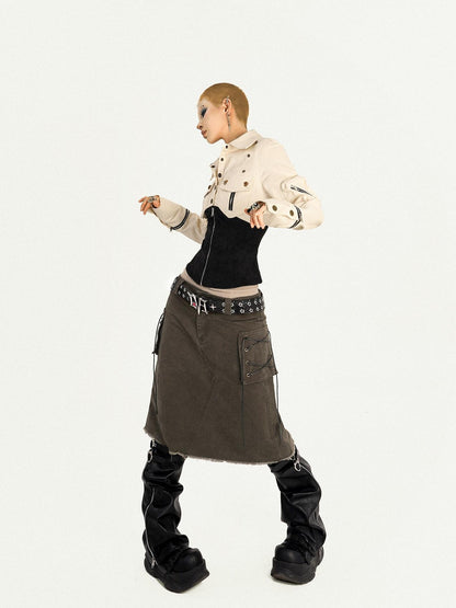 Nico Molly Apricot Patchwork Cinched Waist Workwear Zip Lapel Women&