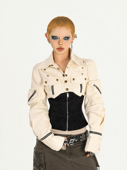 Nico Molly Apricot Patchwork Cinched Waist Workwear Zip Lapel Women&