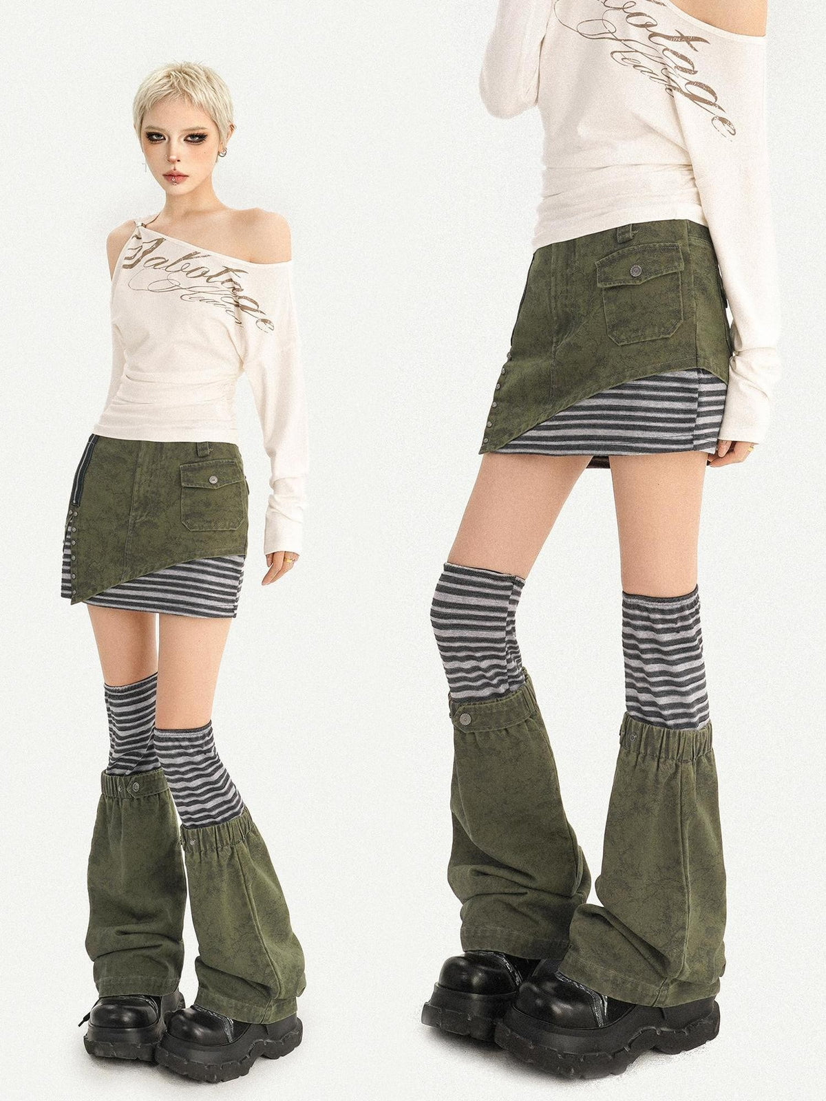 Nico Molly Army Green Patchwork Stripe High Waist Women&