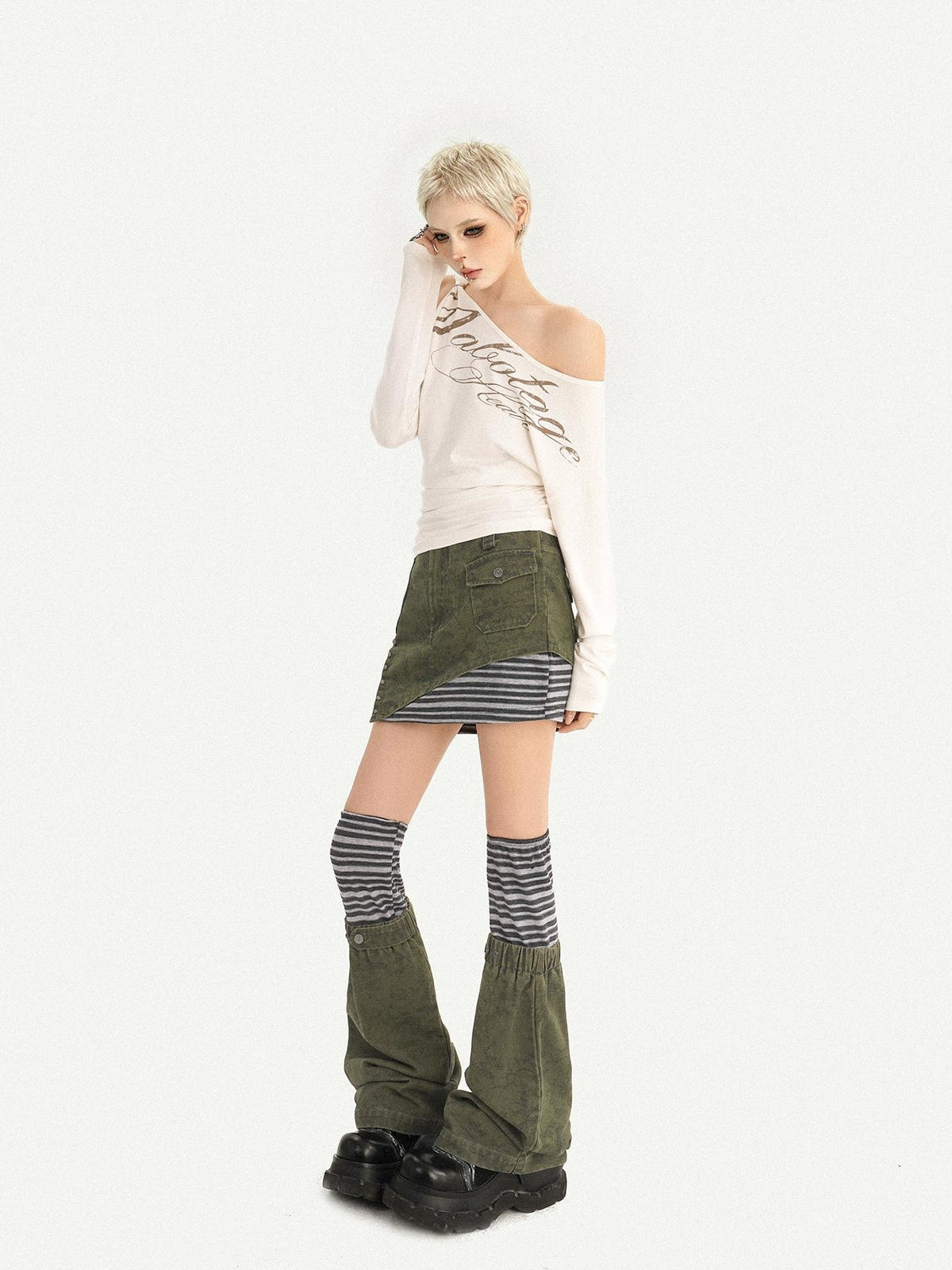 Nico Molly Army Green Patchwork Stripe High Waist Women&