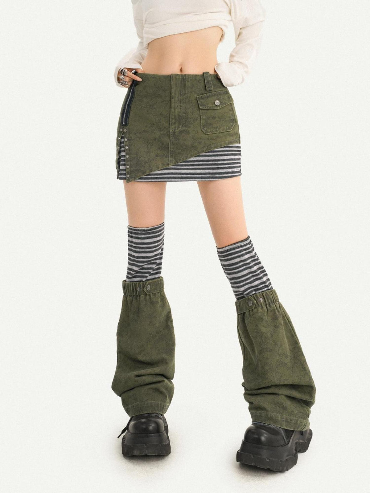 Nico Molly Army Green Patchwork Stripe High Waist Women&