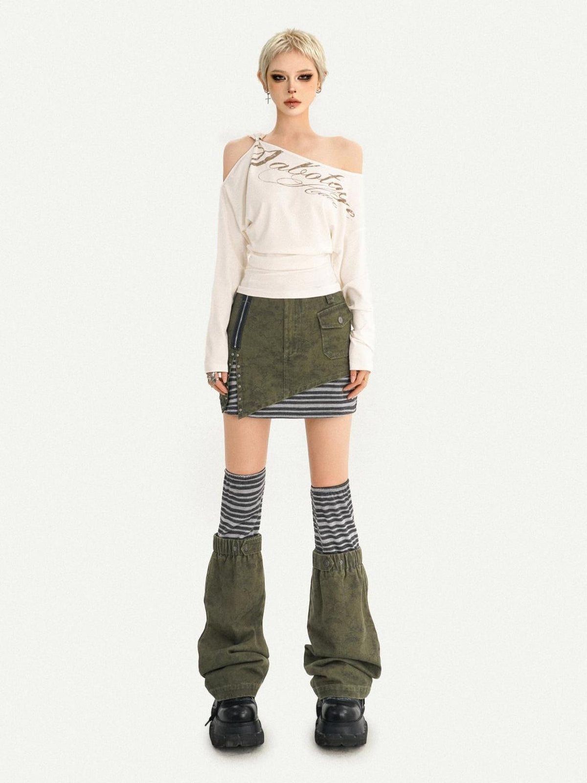 Nico Molly Army Green Patchwork Stripe High Waist Women&