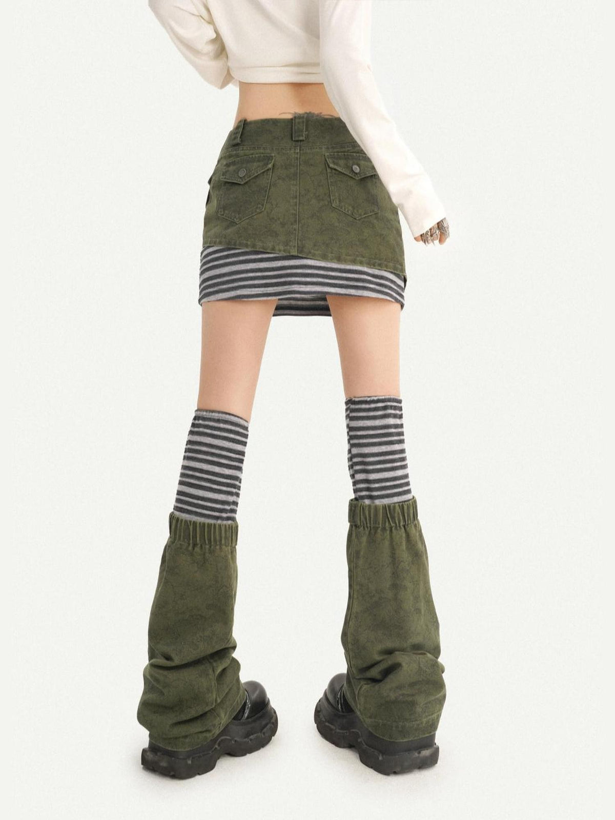 Nico Molly Army Green Patchwork Stripe High Waist Women&