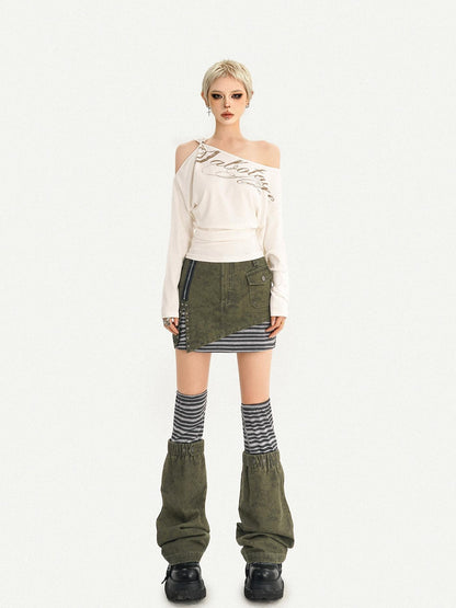 Nico Molly Army Green Patchwork Stripe High Waist Women&