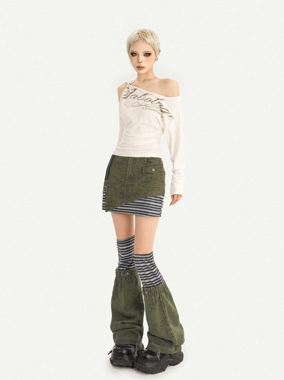 Nico Molly Army Green Patchwork Stripe High Waist Women&