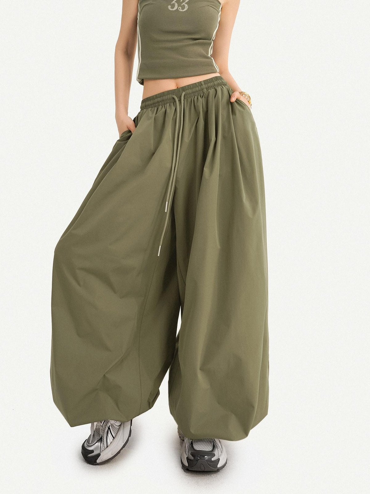 Nico Molly Army Green Slimming Elastic Waist Relaxed Lantern Women&