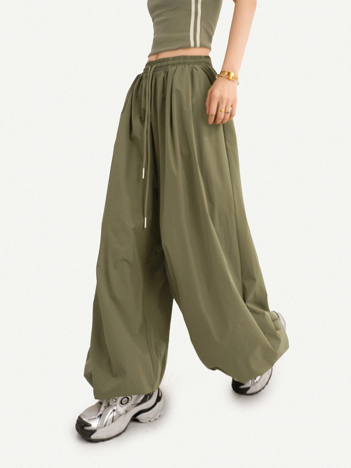 Nico Molly Army Green Slimming Elastic Waist Relaxed Lantern Women&