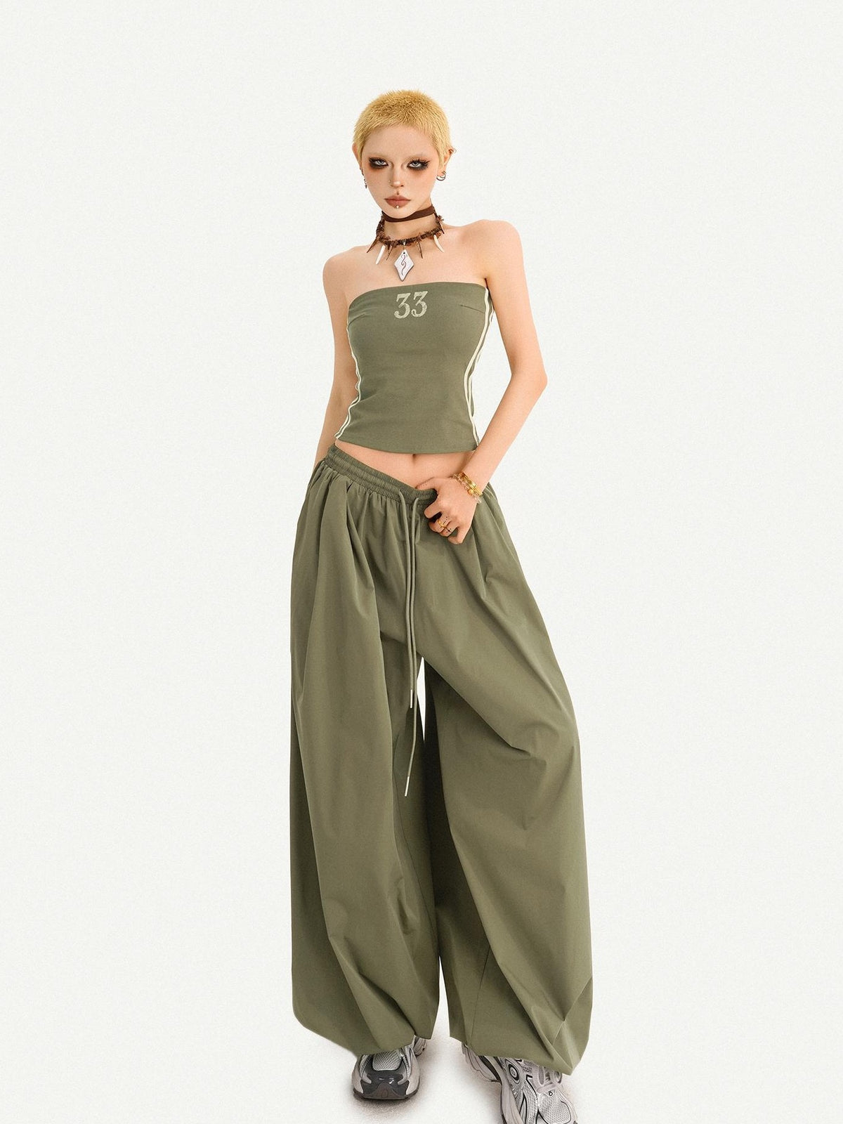 Nico Molly Army Green Slimming Elastic Waist Relaxed Lantern Women&