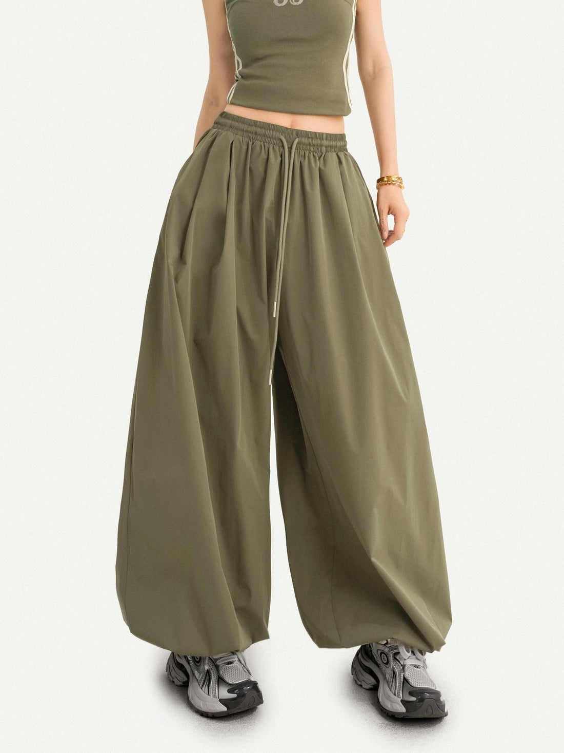 Nico Molly Army Green Slimming Elastic Waist Relaxed Lantern Women&