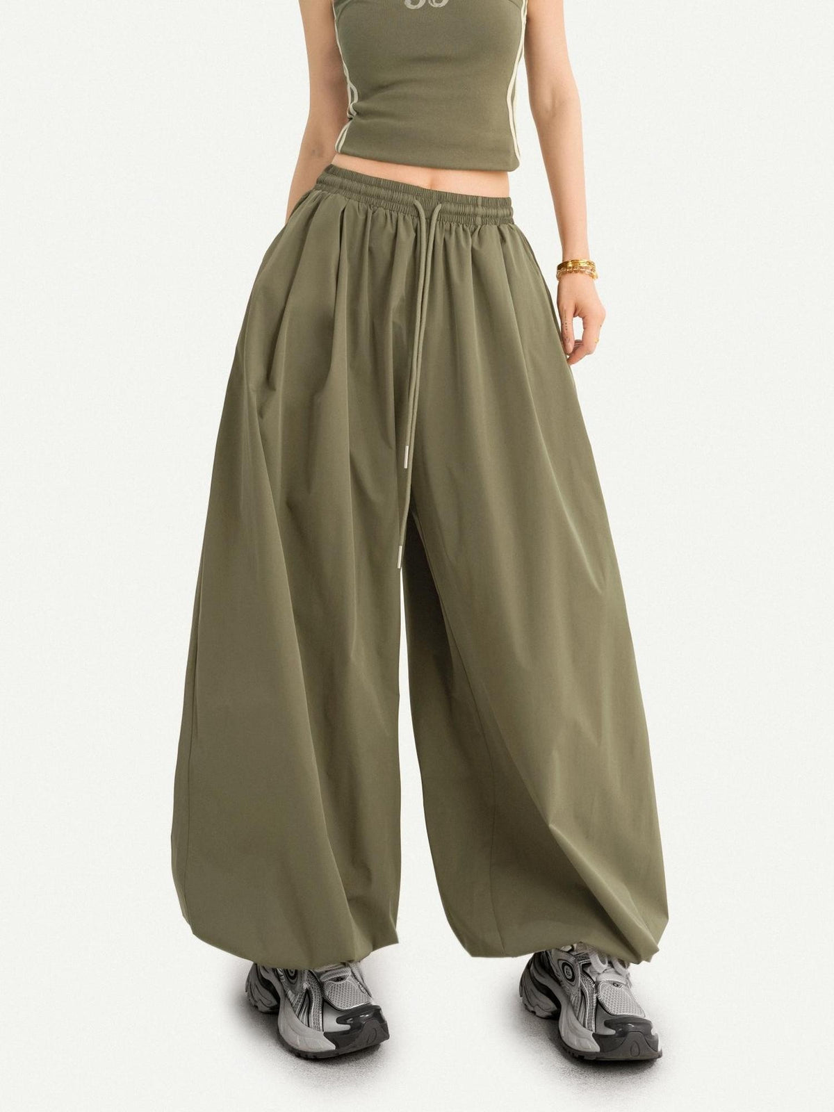 Nico Molly Army Green Slimming Elastic Waist Relaxed Lantern Women&