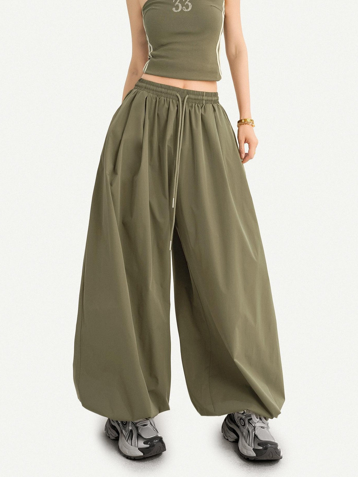 Nico Molly Army Green Slimming Elastic Waist Relaxed Lantern Women&
