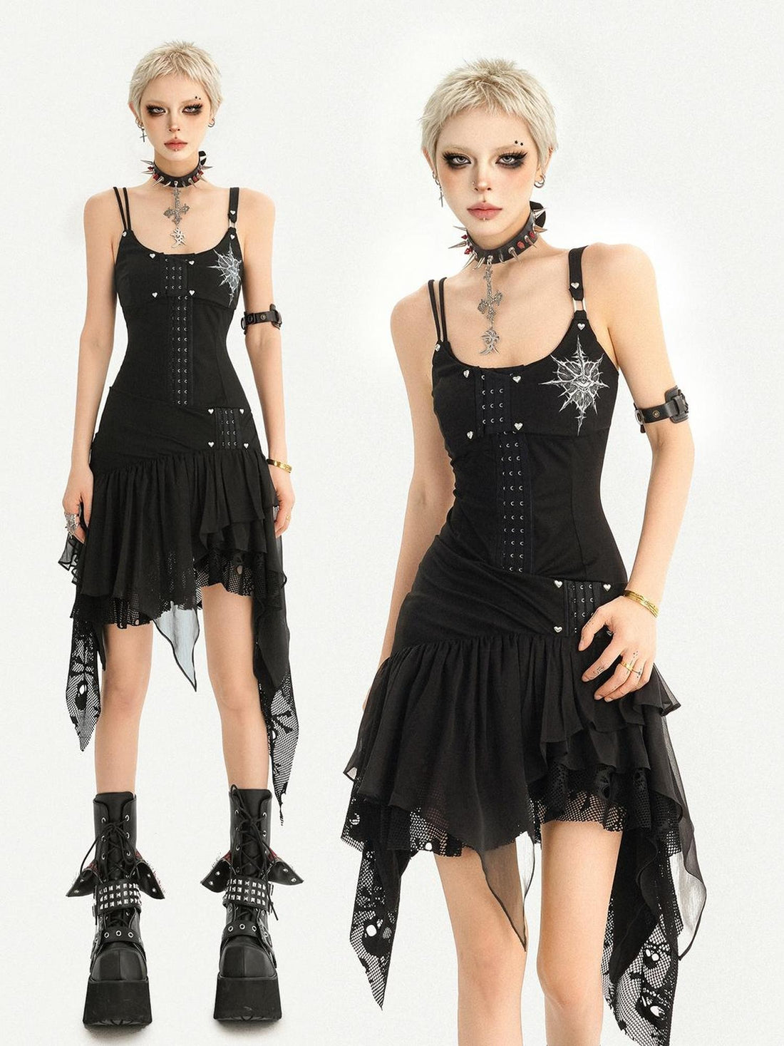 Nico Molly Asymmetrical Hem Dark Gothic Street Back Zipper Slim Women&
